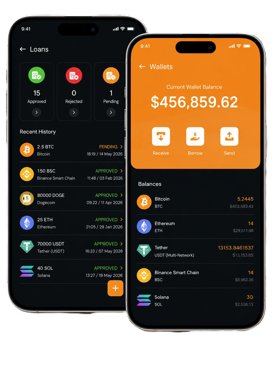The Helio Wallet app, showing a loan history screen and a wallet balance screen with sample balances.